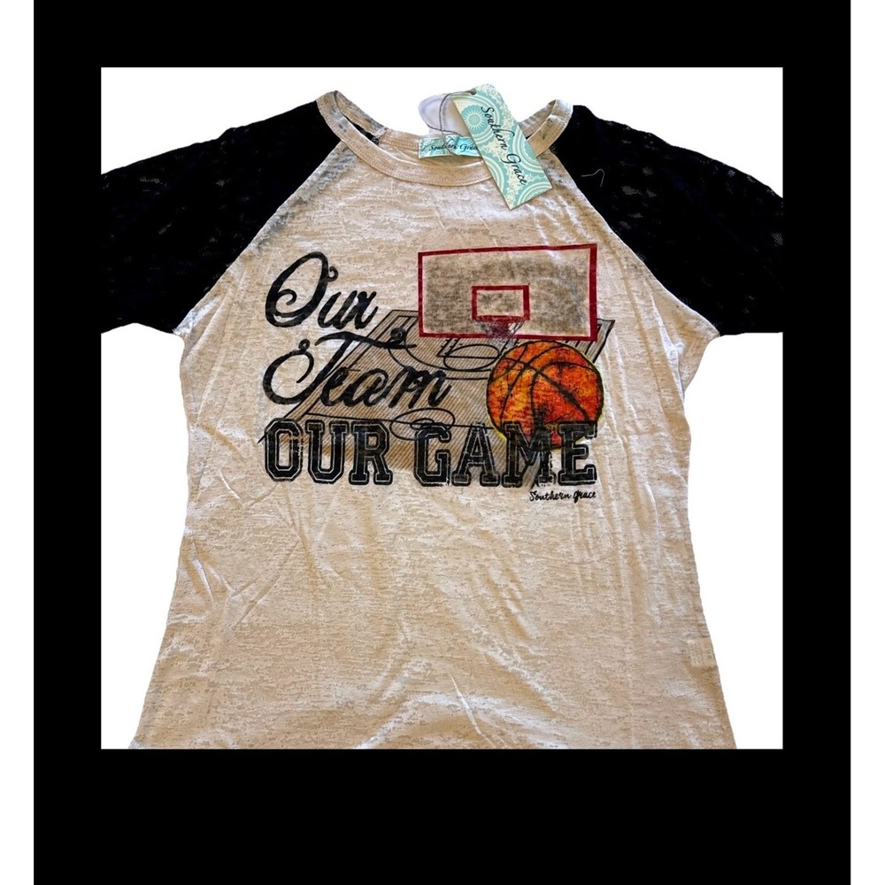 Southern Grace Basketball Graphic Lace Raglan Burnout Tee Cream Black 2XL NEW
